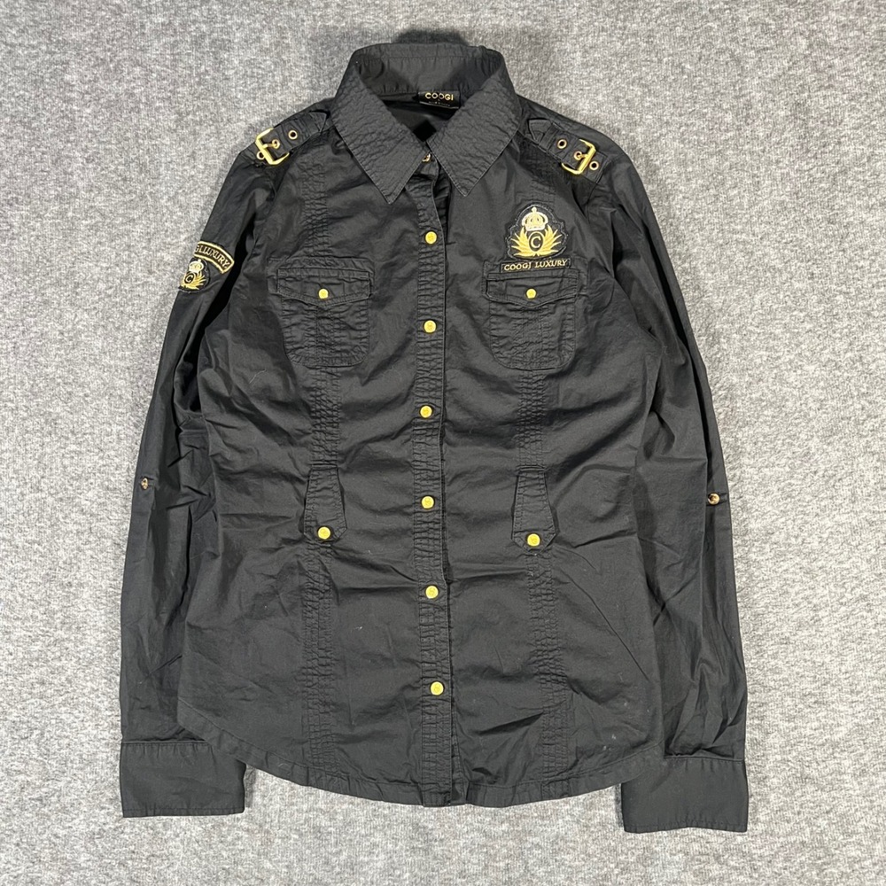 Vintage Coogi Luxury Black Gold Button Down Shirt Y2K Military Crest Large